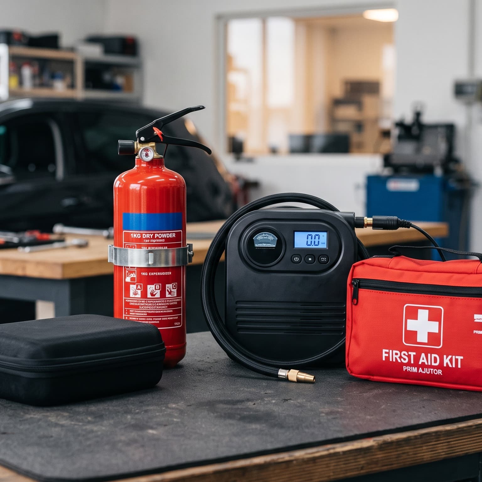 Car safety pack: Extinguisher, Aid kit, Compressor, Quick deflation repair kit