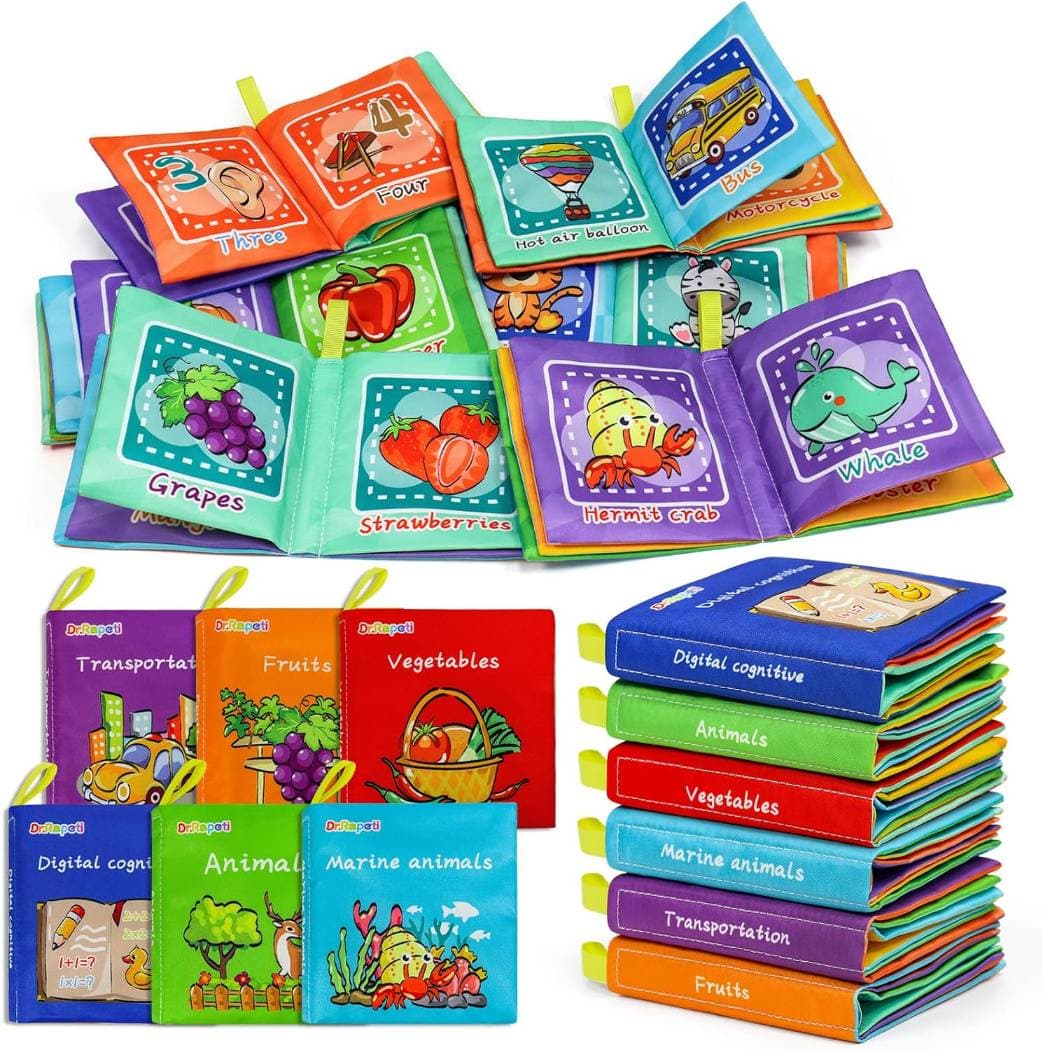 Dr. Rapeti Soft Cloth Books – 6-Pack Crinkle Baby Books (Washable, Tear-Resistant, 0+ m)