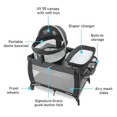 Graco Pack n Play Dome LX Playard with Baby Bassinet, Lightweight Portable Crib, Push-Button Fold Travel Crib, Redmond, Convertible - 3